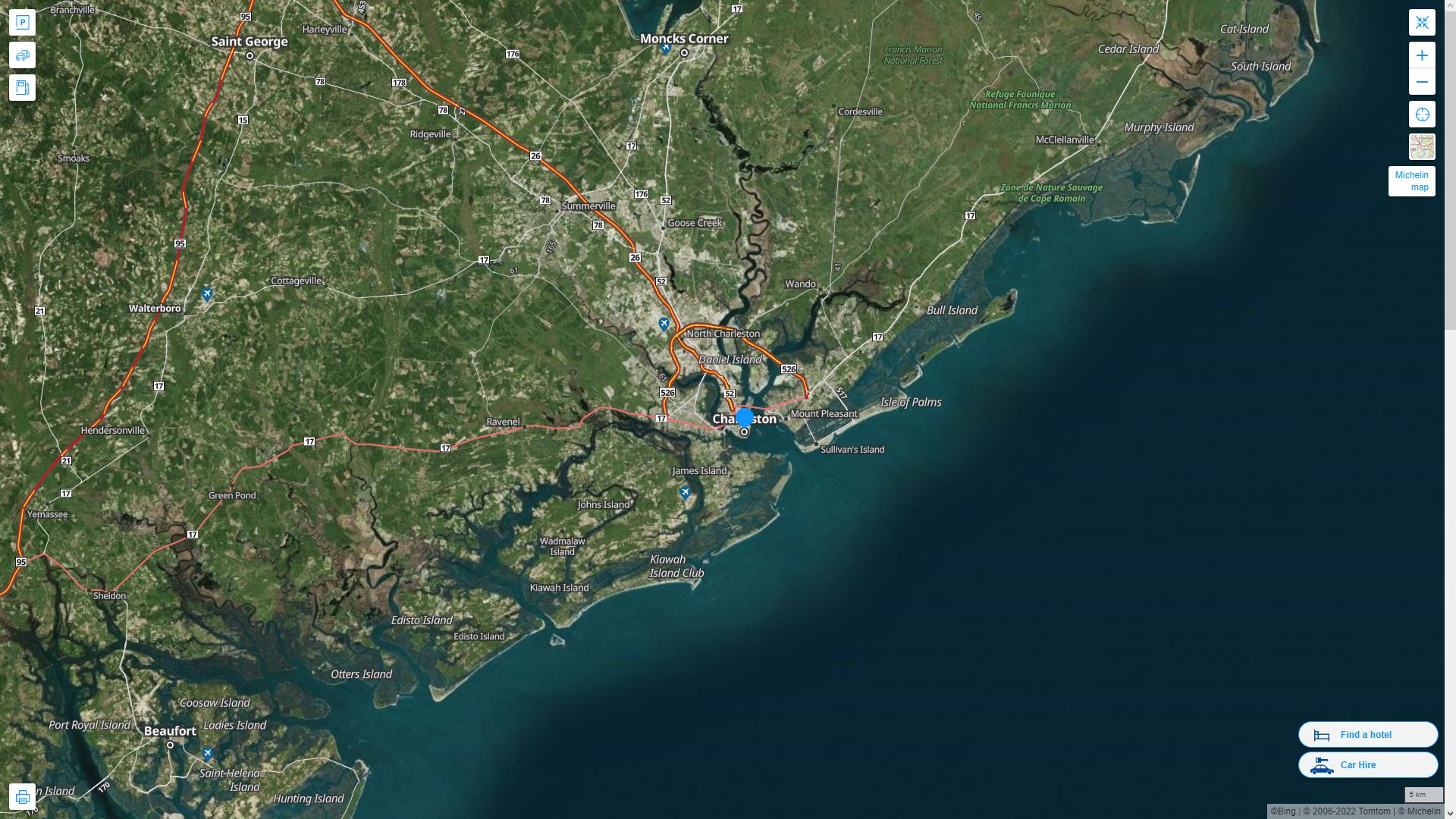 Charleston South Carolina Highway and Road Map with Satellite View